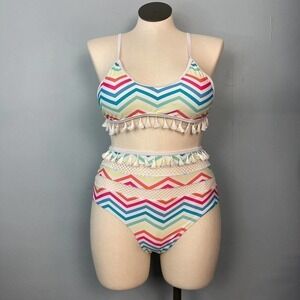 RAINBOW Chevron White Two Piece Bikini Set Tassel Mesh Detail US Size 12 Striped